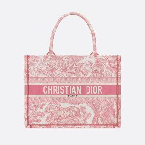 Medium Dior Book Tote White and Yarrow Pink Toile de Jouy Sauvage Embroidery